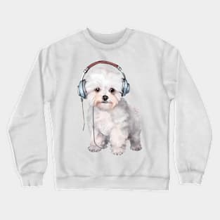 Watercolor Bichon Frise Dog with Headphones Crewneck Sweatshirt